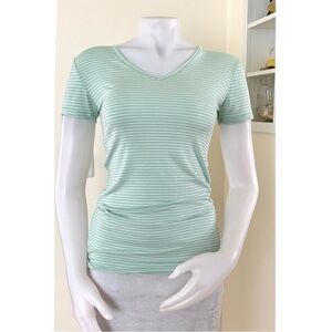 pastel mint green white striped stretchy v-neck short sleeve T shirt